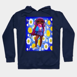 Beautiful Brown skin African American girl with Afro hair in 2 puffs blowing bubblegum and wearing headphones listening to music. Black girls rock, black girl magic,melanin poppin queen anime girl drawn in manga style Hoodie